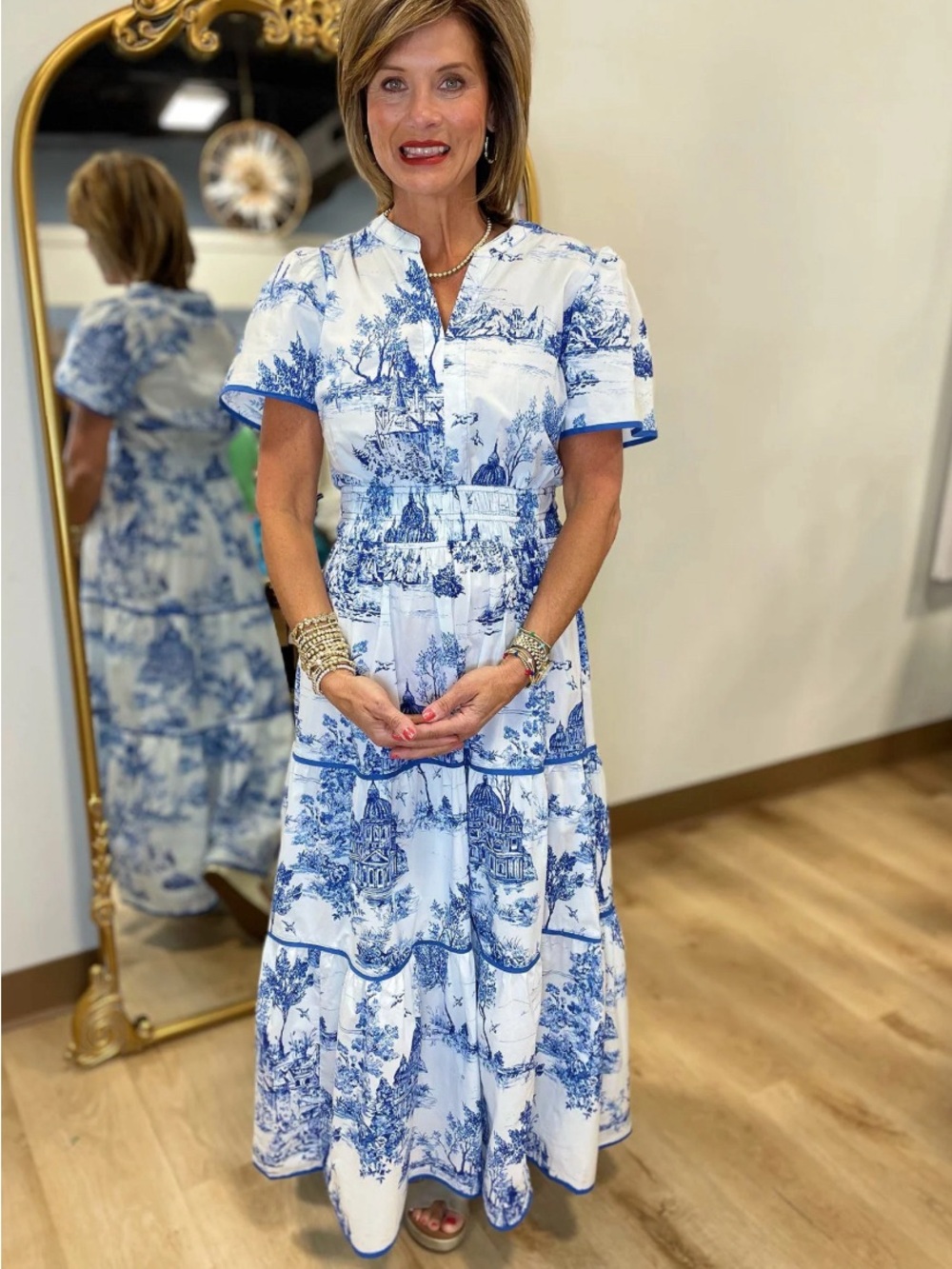Umgee Blue and White Toile Maxi Dress